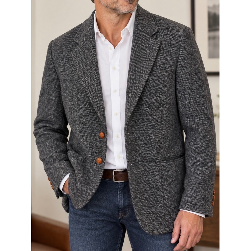 Brookcraft Mens Gray Herringbone Wool Blazer Sport Coat Leather Buttons Sz 48R